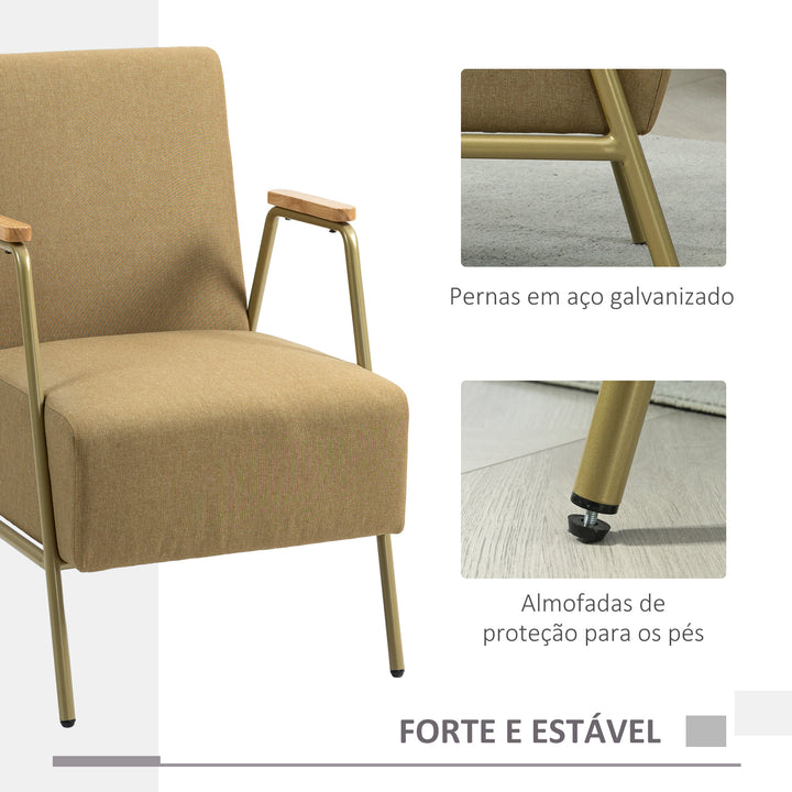 Poltrona de Sala Poltrona Individual com Apoios de Braços Estrutura em Aço Dourado Estilo Moderno para Sala de Estar Quarto 62x81x92 cm Castanho