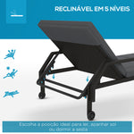 Espreguiçadeira de Vime Chaise Longue de Jardim com Encosto Ajustável em 5 Posições Acolchoado e 2 Rodas Carga 120 kg 73x200x48 cm Cinza Escuro e Preto