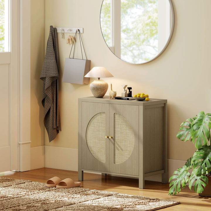 Aparador de Cozinha com 2 Portas de Vime Sintético Móvel Auxiliar de Cozinha com Prateleira Ajustável e 2 Puxadores Móvel Auxiliar Cozinha 75x38x77 cm Madeira