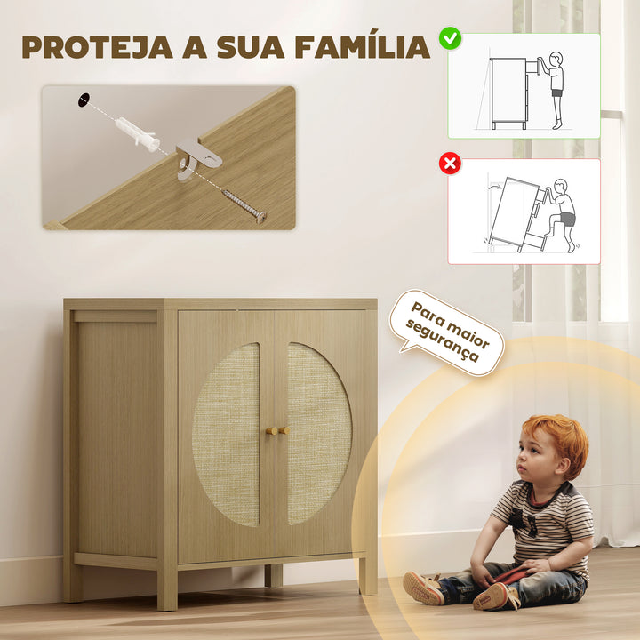 Aparador de Cozinha com 2 Portas de Vime Sintético Móvel Auxiliar de Cozinha com Prateleira Ajustável e 2 Puxadores Móvel Auxiliar Cozinha 75x38x77 cm Madeira