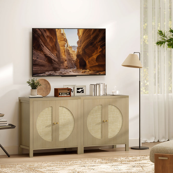 Aparador de Cozinha com 2 Portas de Vime Sintético Móvel Auxiliar de Cozinha com Prateleira Ajustável e 2 Puxadores Móvel Auxiliar Cozinha 75x38x77 cm Madeira