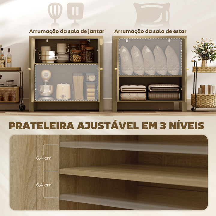 Aparador de Cozinha com 2 Portas de Vime Sintético Móvel Auxiliar de Cozinha com Prateleira Ajustável e 2 Puxadores Móvel Auxiliar Cozinha 75x38x77 cm Madeira