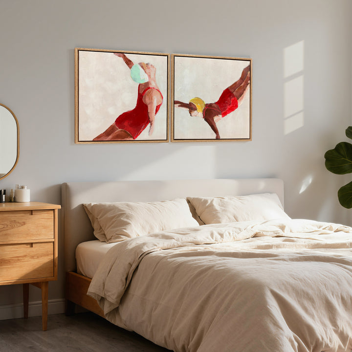 Pinturas em Tela de Figuras Dinâmicas à Mão 40x40 cm 2 Peças Pinturas de Arte de Parede Emolduradas Decoração Moderna para Quarto Sala Cozinha Vermelho