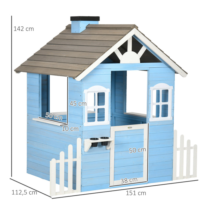 Casa de Madeira para Crianças Casa de Madeira Infantil Exterior para Crianças de 3-7 Anos com Porta Janelas Vasos e Cercas Laterais 151x112,5x142 cm Azul