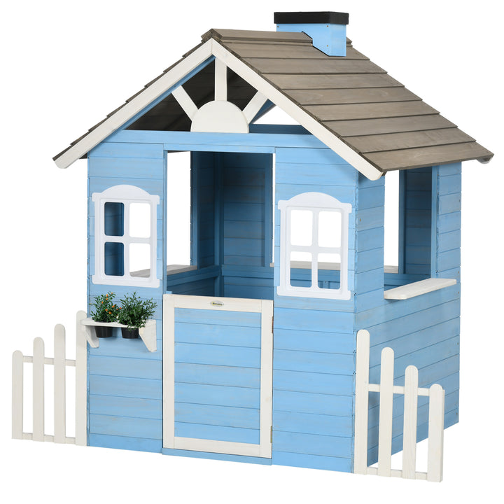Casa de Madeira para Crianças Casa de Madeira Infantil Exterior para Crianças de 3-7 Anos com Porta Janelas Vasos e Cercas Laterais 151x112,5x142 cm Azul