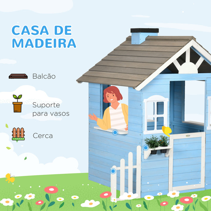 Casa de Madeira para Crianças Casa de Madeira Infantil Exterior para Crianças de 3-7 Anos com Porta Janelas Vasos e Cercas Laterais 151x112,5x142 cm Azul