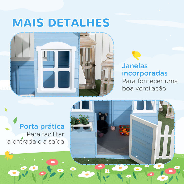 Casa de Madeira para Crianças Casa de Madeira Infantil Exterior para Crianças de 3-7 Anos com Porta Janelas Vasos e Cercas Laterais 151x112,5x142 cm Azul