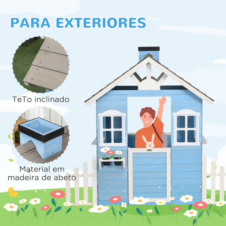 Casa de Madeira para Crianças Casa de Madeira Infantil Exterior para Crianças de 3-7 Anos com Porta Janelas Vasos e Cercas Laterais 151x112,5x142 cm Azul