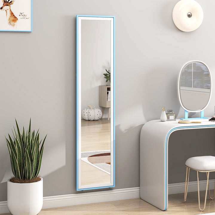 Espelho de Pé 157x37 cm com Moldura em MDF Espelho de Parede Retangular para Pendurar com Suporte 2 Formas de Utilização para Sala de Estar Entrada e Quarto Branco e Azul