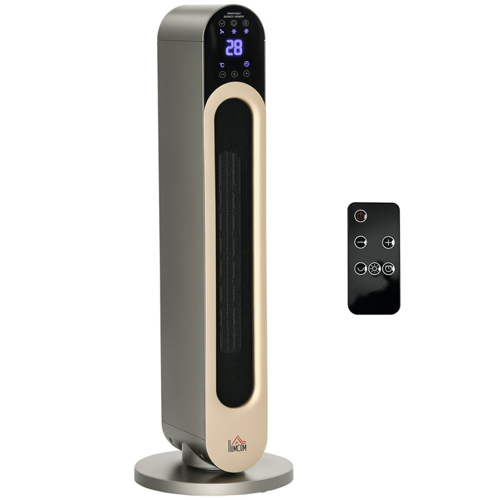 Aquecedor Cerâmico de Torre 1100/2200W com Controlo Remoto Ecrã LED Temporizador de 12h Termostato 3 Modos e Oscilação para 20-25m² Ø25x73,5cm Prata