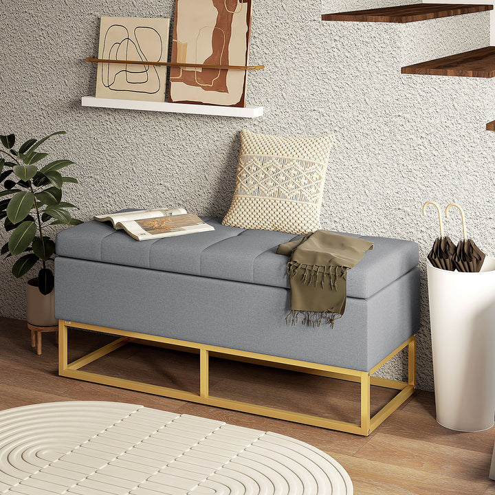 Banco de Armazenamento Otomano Retangular Estofado em Linho com Pés de Aço para Sala de Estar Dormitório 110x44x48 cm Cinza