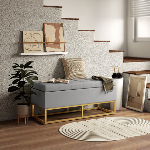 Banco de Armazenamento Otomano Retangular Estofado em Linho com Pés de Aço para Sala de Estar Dormitório 110x44x48 cm Cinza