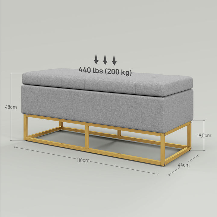 Banco de Armazenamento Otomano Retangular Estofado em Linho com Pés de Aço para Sala de Estar Dormitório 110x44x48 cm Cinza