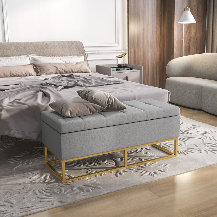 Banco de Armazenamento Otomano Retangular Estofado em Linho com Pés de Aço para Sala de Estar Dormitório 110x44x48 cm Cinza