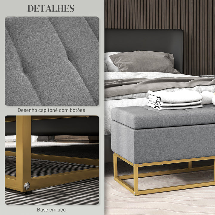 Banco de Armazenamento Otomano Retangular Estofado em Linho com Pés de Aço para Sala de Estar Dormitório 110x44x48 cm Cinza