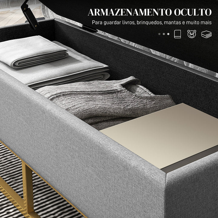 Banco de Armazenamento Otomano Retangular Estofado em Linho com Pés de Aço para Sala de Estar Dormitório 110x44x48 cm Cinza