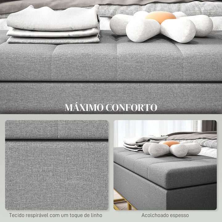 Banco de Armazenamento Otomano Retangular Estofado em Linho com Pés de Aço para Sala de Estar Dormitório 110x44x48 cm Cinza