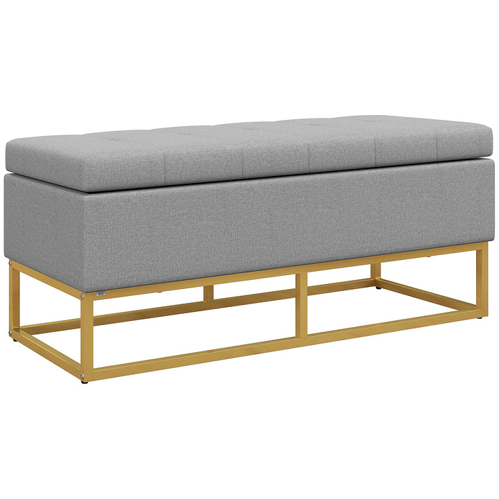 Banco de Armazenamento Otomano Retangular Estofado em Linho com Pés de Aço para Sala de Estar Dormitório 110x44x48 cm Cinza