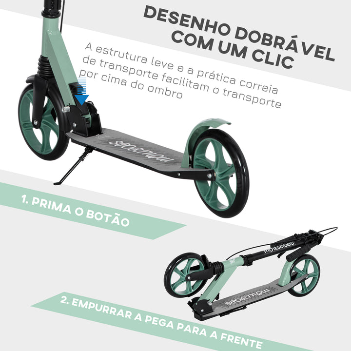 Trotinete Dobrável para Adultos e Crianças acima de 14 Anos Trotinete com Guiador Ajustável Rodas Grandes de 200mm Amortecimento e Travão Carga Máxima 100kg 91,5x36,5x91-104cm Verde