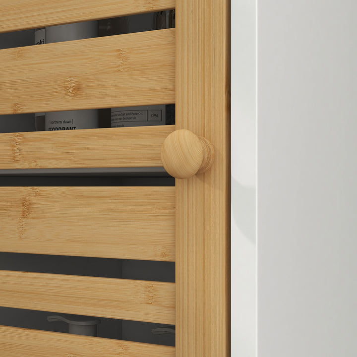 Coluna Casa de Banho Moderna Móvel Auxiliar Casa de Banho Armário Casa de Banho com Prateleiras Ajustáveis e Portas de Bambu Anti-Tombo 35x30x170 cm Branco e Madeira