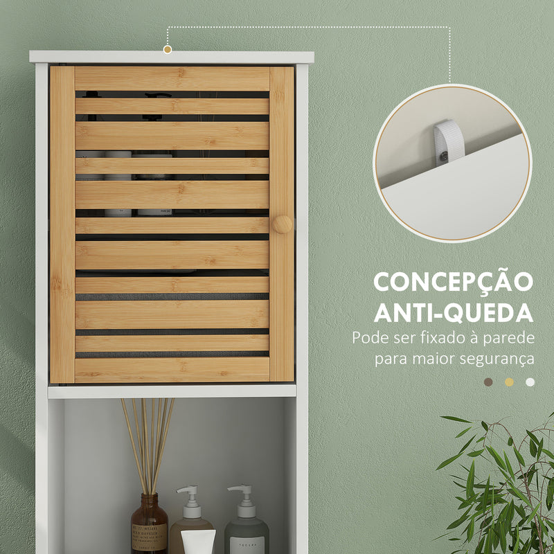 Coluna Casa de Banho Moderna Móvel Auxiliar Casa de Banho Armário Casa de Banho com Prateleiras Ajustáveis e Portas de Bambu Anti-Tombo 35x30x170 cm Branco e Madeira