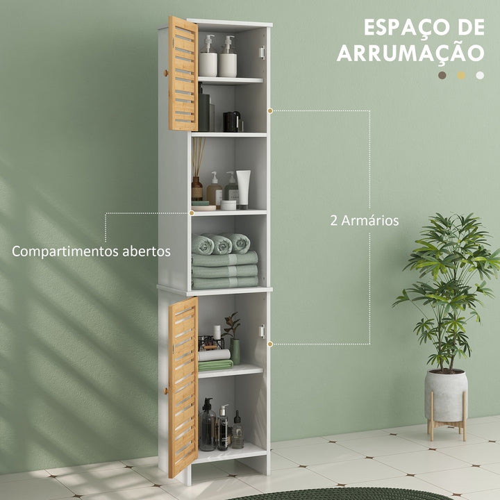 Coluna Casa de Banho Moderna Móvel Auxiliar Casa de Banho Armário Casa de Banho com Prateleiras Ajustáveis e Portas de Bambu Anti-Tombo 35x30x170 cm Branco e Madeira