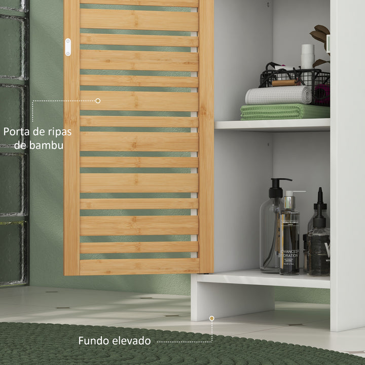 Coluna Casa de Banho Moderna Móvel Auxiliar Casa de Banho Armário Casa de Banho com Prateleiras Ajustáveis e Portas de Bambu Anti-Tombo 35x30x170 cm Branco e Madeira