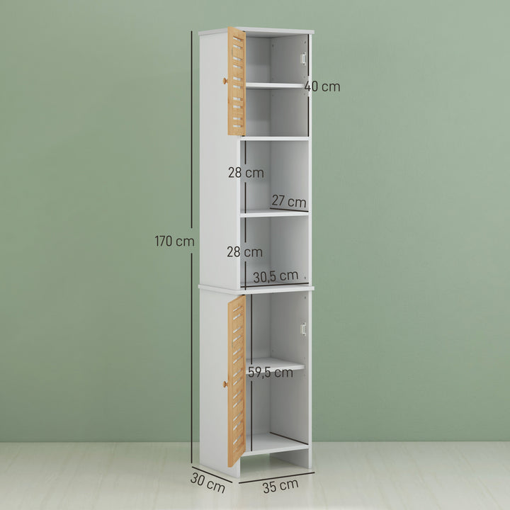 Coluna Casa de Banho Moderna Móvel Auxiliar Casa de Banho Armário Casa de Banho com Prateleiras Ajustáveis e Portas de Bambu Anti-Tombo 35x30x170 cm Branco e Madeira