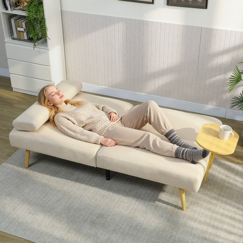 Sofá Cama de 3 Lugares com Mesa Auxiliar 3 em 1 Conversível com Encosto Ajustável Abertura Click-Clack 2 Almofadas para Apoio de Braços e Pés de Metal 196x86x81 cm Bege