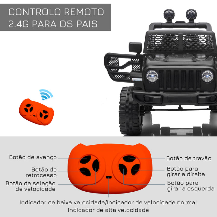 Carro Elétrico para Crianças a partir dos 3 Anos Veículo Todo-o-Terreno com Bateria de 12V 2 Motores Controlo Remoto 2,4G Faróis Buzina Velocidade Ajustável Suporta 30 kg 100x65x72 cm Preto