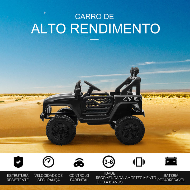 Carro Elétrico para Crianças a partir dos 3 Anos Veículo Todo-o-Terreno com Bateria de 12V 2 Motores Controlo Remoto 2,4G Faróis Buzina Velocidade Ajustável Suporta 30 kg 100x65x72 cm Preto