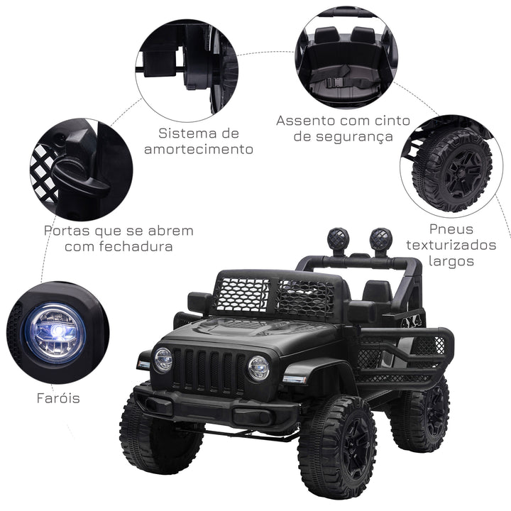 Carro Elétrico para Crianças a partir dos 3 Anos Veículo Todo-o-Terreno com Bateria de 12V 2 Motores Controlo Remoto 2,4G Faróis Buzina Velocidade Ajustável Suporta 30 kg 100x65x72 cm Preto