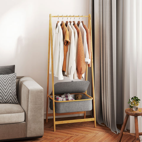 Suporte para Cabides de Bambu com Cesto de Tecido Suporte para Cabides Dobrável para Entrada, Quarto 60x44,5x157,5 cm Madeira Cinzento