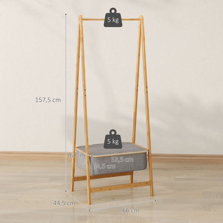 Suporte para Cabides de Bambu com Cesto de Tecido Suporte para Cabides Dobrável para Entrada, Quarto 60x44,5x157,5 cm Madeira Cinzento