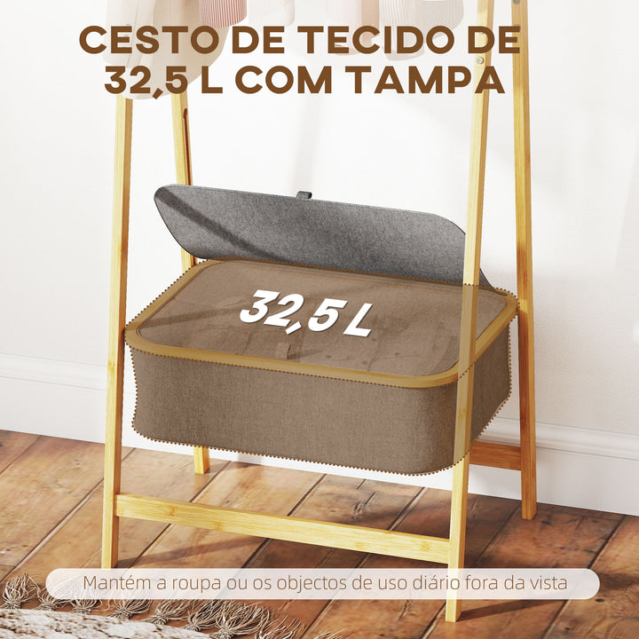 Suporte para Cabides de Bambu com Cesto de Tecido Suporte para Cabides Dobrável para Entrada, Quarto 60x44,5x157,5 cm Madeira Cinzento