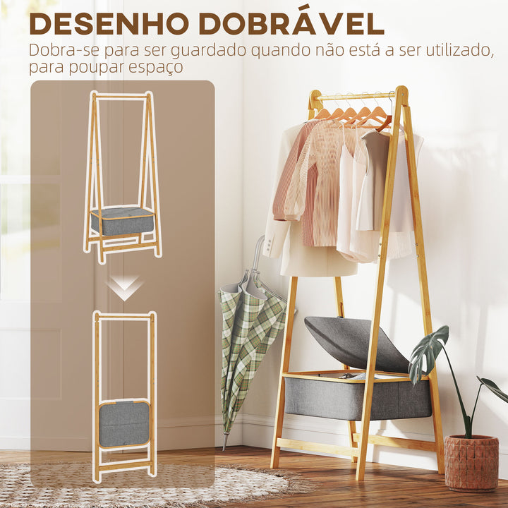 Suporte para Cabides de Bambu com Cesto de Tecido Suporte para Cabides Dobrável para Entrada, Quarto 60x44,5x157,5 cm Madeira Cinzento