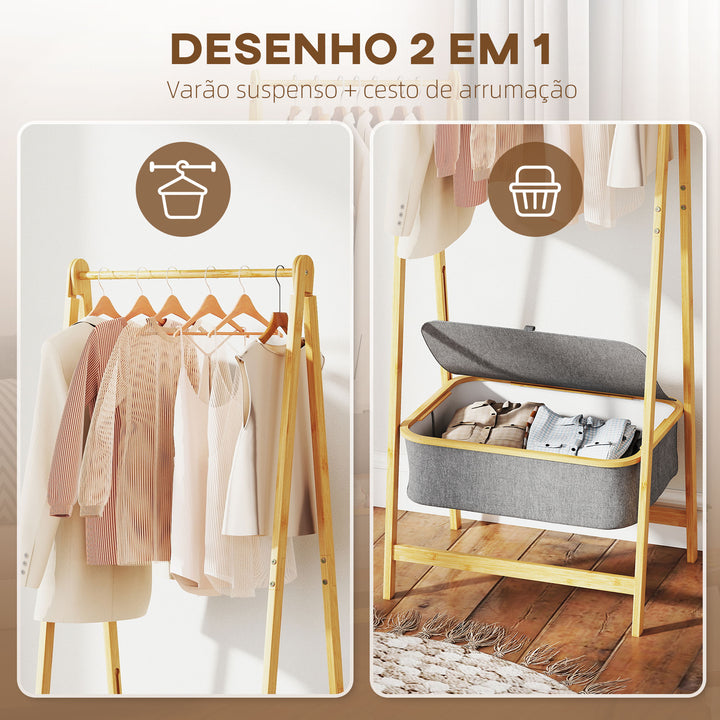 Suporte para Cabides de Bambu com Cesto de Tecido Suporte para Cabides Dobrável para Entrada, Quarto 60x44,5x157,5 cm Madeira Cinzento