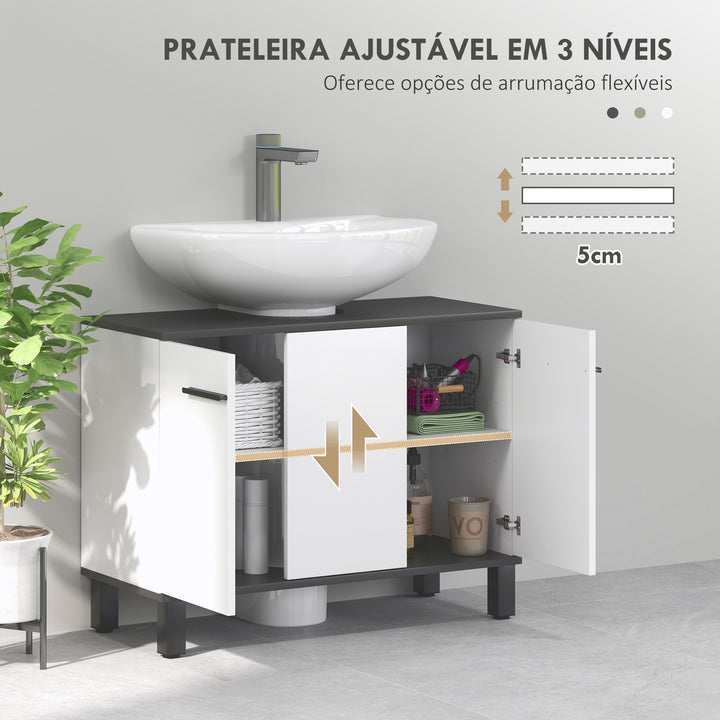 Móvel para Lavatório Pousar Móvel para Lavatório Pedestral Móvel Casa de Banho com 2 Portas e Prateleira Ajustável para Lavatório com ou sem Pedestral 80x34x60 cm Branco Brilhante