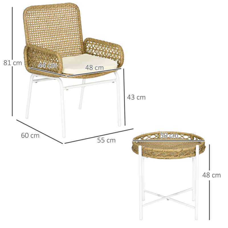 Conjunto de Mesa e Cadeiras para Exterior Conjunto de 3 Peças Inclui 2 Cadeiras e 1 Mesa de Centro de Vime com Almofadas para Terraço Pátio Natural