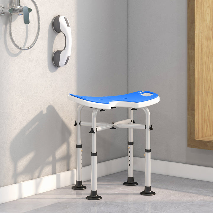 Banco de Duche Cadeira de Duche para Idosos Antiderrapante Banco para Duche com Barra de Apoio por Ventosas Altura Regulável e Assento em Forma de U Capacidade 150 kg 48,5x33x39-51,5 cm Azul