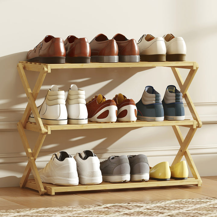 Sapateira Estreita de Bambu Sapateira Vertical Dobrável de 3 Níveis Sem Instalação Prateleira para Sapatos para Entrada Corredor Quarto 60x29x45,5 cm Madeira