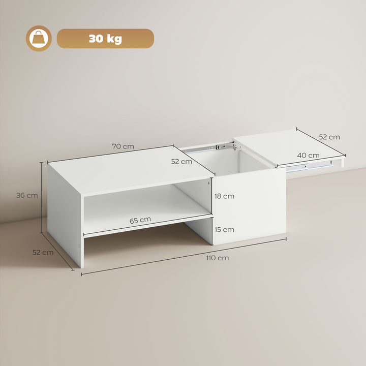 Mesa de Centro com Superfície Deslizante Moderna com Compartimento Oculto Prateleira Aberta para Sala Escritório 110x52x36 cm Branco