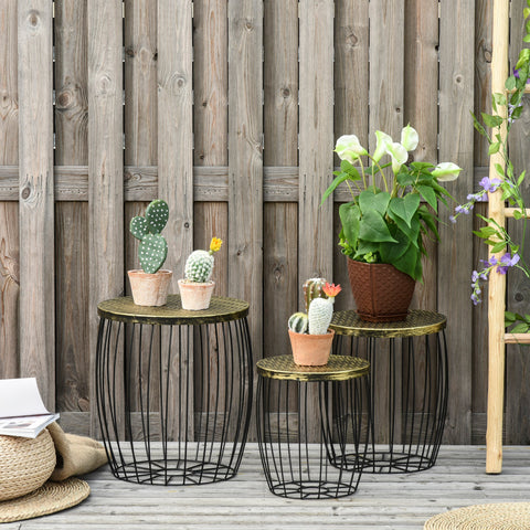 Conjunto de 3 Mesas de Jardim Empilháveis Mesas Auxiliares de Jardim Redondas com Estrutura Metálica e Tampo Imitação Vime para Varanda Terraço Pátio Preto