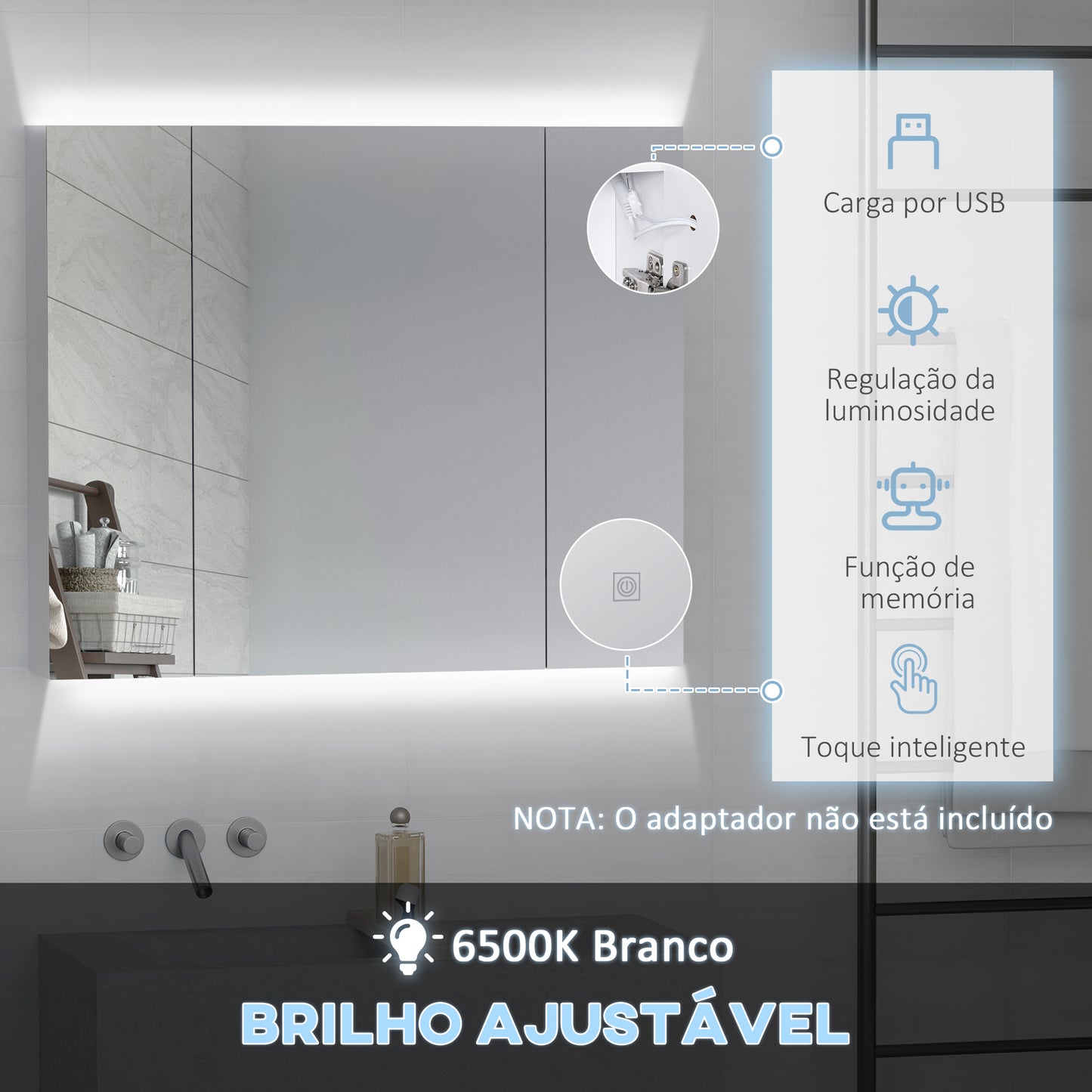 Armário Casa de Banho com Espelho e Luzes LED Armário com Espelho para Casa de Banho com Prateleiras Ajustáveis e USB Móvel para Casa de Banho Estilo Moderno 90x15x75 cm Branco