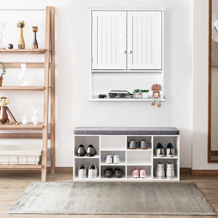 Armário Casa de Banho com 2 Portas Prateleira Interior Ajustável e Compartimento Aberto Móvel Auxiliar Suspenso Multiúso para Cozinha 60x20x70,5cm Branco