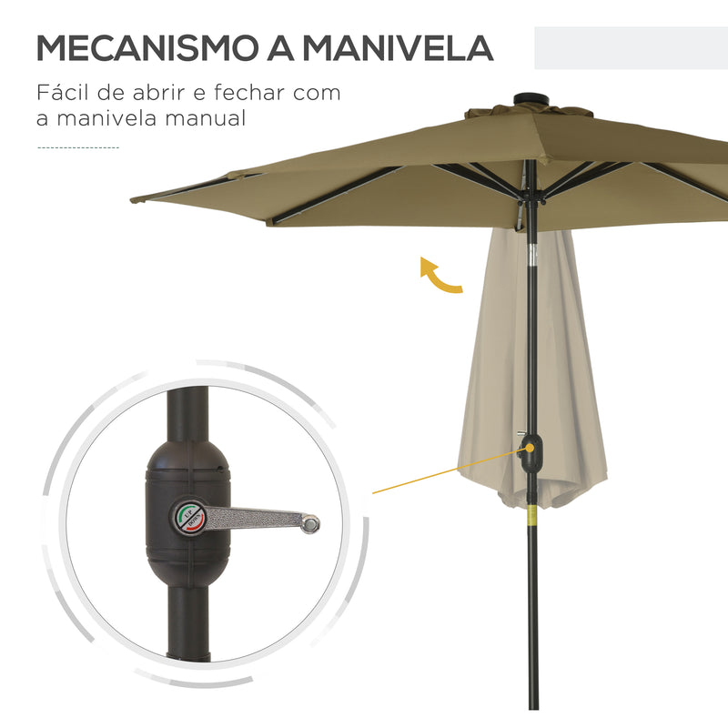 Chapéu de Sol de Jardim Ø268x238cm com 24 Luzes LED Solar Mecanismo de Inclinação Manivela e Mastro Desmontável de Metal para Terraço Piscina Pátio Marrom