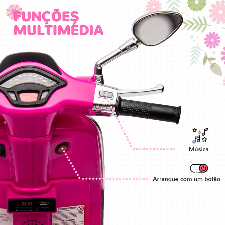 Moto Elétrica para Crianças de 3-6 Anos com Licença Vespa Motocicleta de Bateria 6V com USB MP3 Luz LED Rádio FM Moto para Crianças com Velocidade 3 km/h Carga 35 kg 107x47x73 cm Rosa
