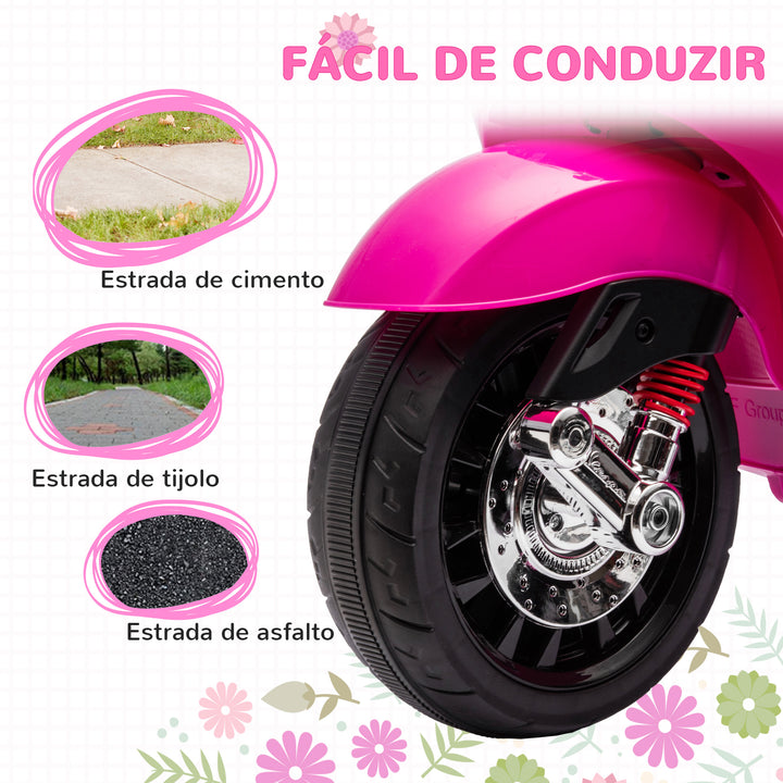 Moto Elétrica para Crianças de 3-6 Anos com Licença Vespa Motocicleta de Bateria 6V com USB MP3 Luz LED Rádio FM Moto para Crianças com Velocidade 3 km/h Carga 35 kg 107x47x73 cm Rosa