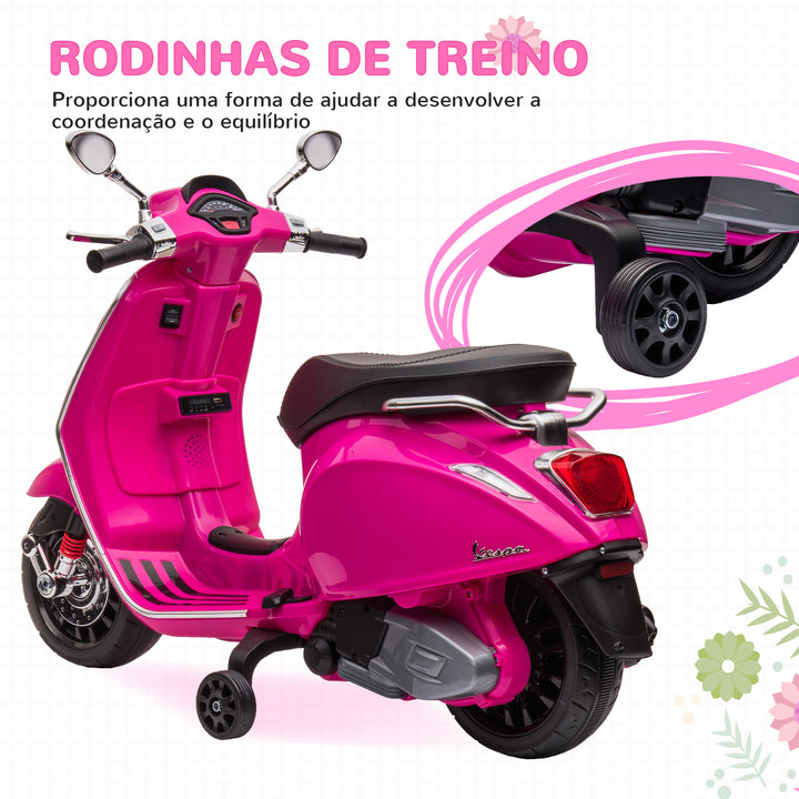 Moto Elétrica para Crianças de 3-6 Anos com Licença Vespa Motocicleta de Bateria 6V com USB MP3 Luz LED Rádio FM Moto para Crianças com Velocidade 3 km/h Carga 35 kg 107x47x73 cm Rosa