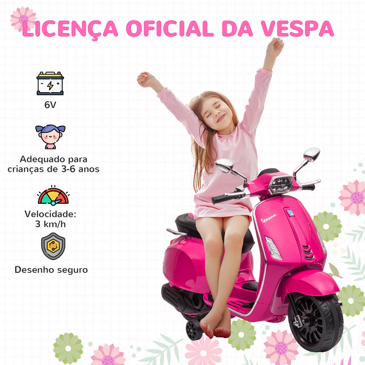 Moto Elétrica para Crianças de 3-6 Anos com Licença Vespa Motocicleta de Bateria 6V com USB MP3 Luz LED Rádio FM Moto para Crianças com Velocidade 3 km/h Carga 35 kg 107x47x73 cm Rosa